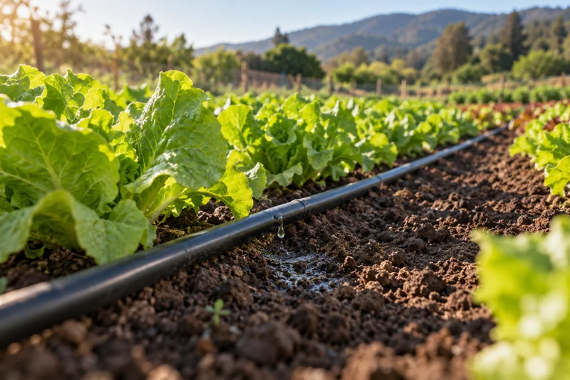 Línea de goteo junto a plantas de hortalizas; imagen ilustrativa con IA