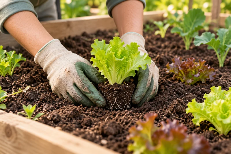 Una planta joven de lechuga durante su plantación; imagen ilustrativa con IA